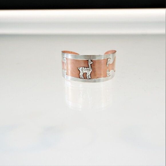 Cuff Bracelet Copper With 925 Sterling Silver Vintage Alpaca Llama And Birds - Picture 8 of 11